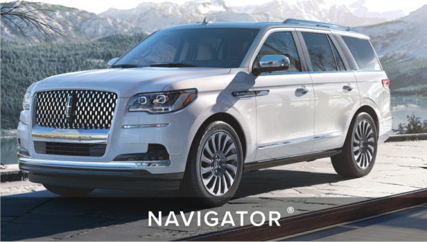 A 2022 Lincoln Black Label Navigator in Chalet is parked near a snowy mountain